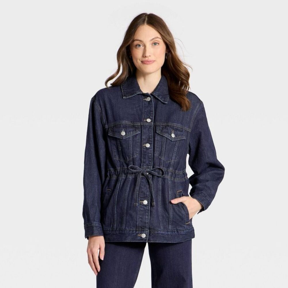 Women's Cinched Waist Trucker Denim Jacket - Universal Thread Dark Wash XL